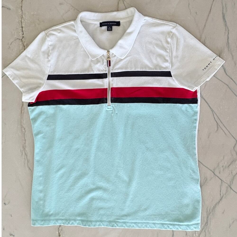 Tommy Hilfiger Quarter Zip Striped Polo Shirt Size Womens' XL Red White & Blue